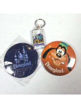 Vintage Disneyland Disney Lot Set Blue Diamond 60th Magnet Goofy Button Keychain